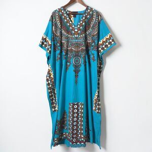 Ashro African Caftan One Size Womens Full Length Long Blue Hand Painted Tribal